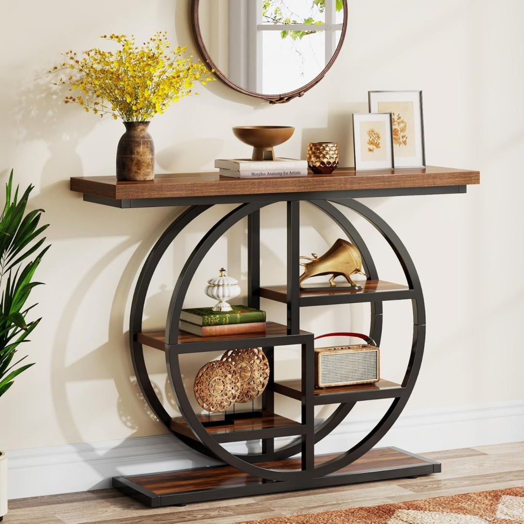 Console gris clair 6 etageres, style industriel bois ingenierie pour salon