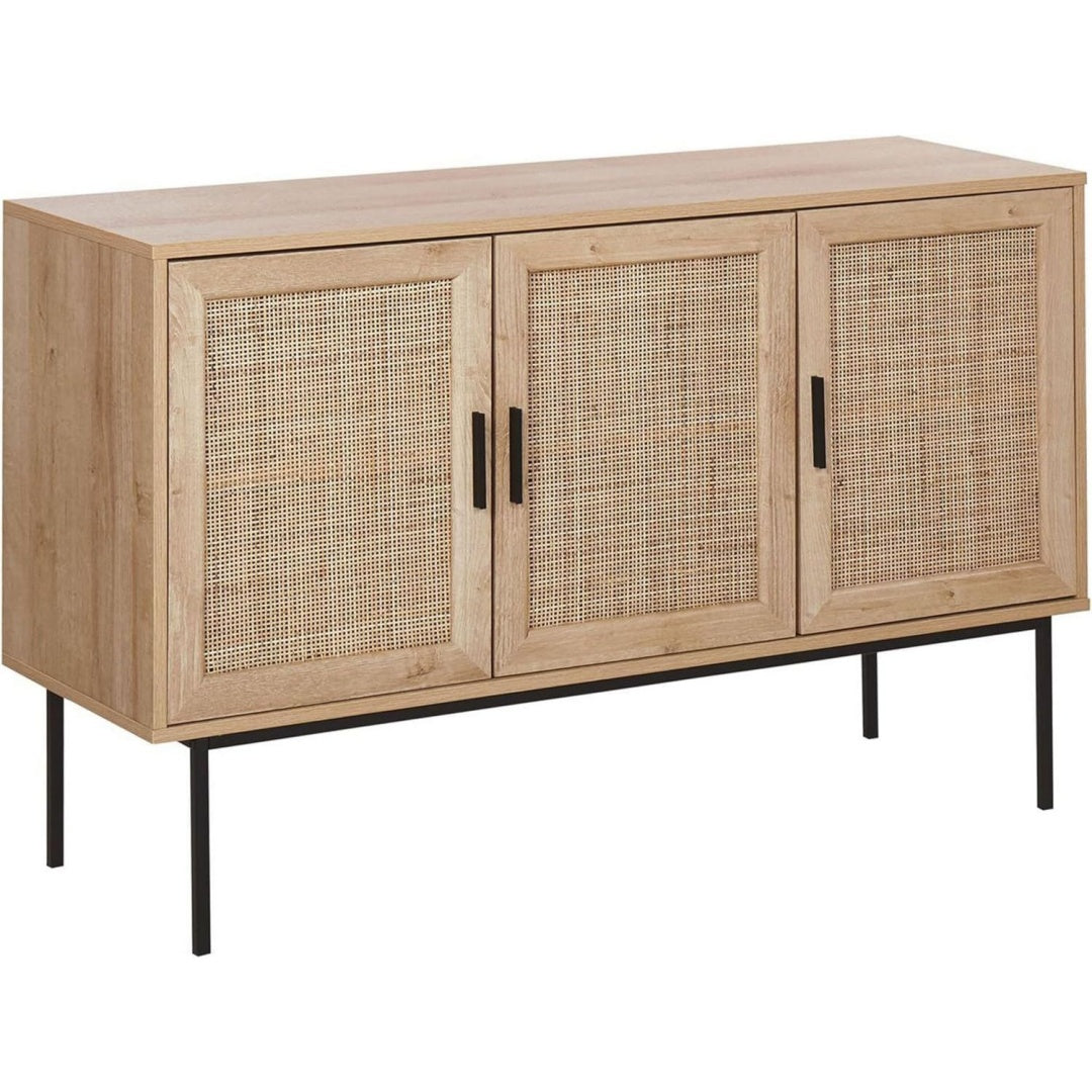Commode design epure, teinte marron, rangement optimise rotin
