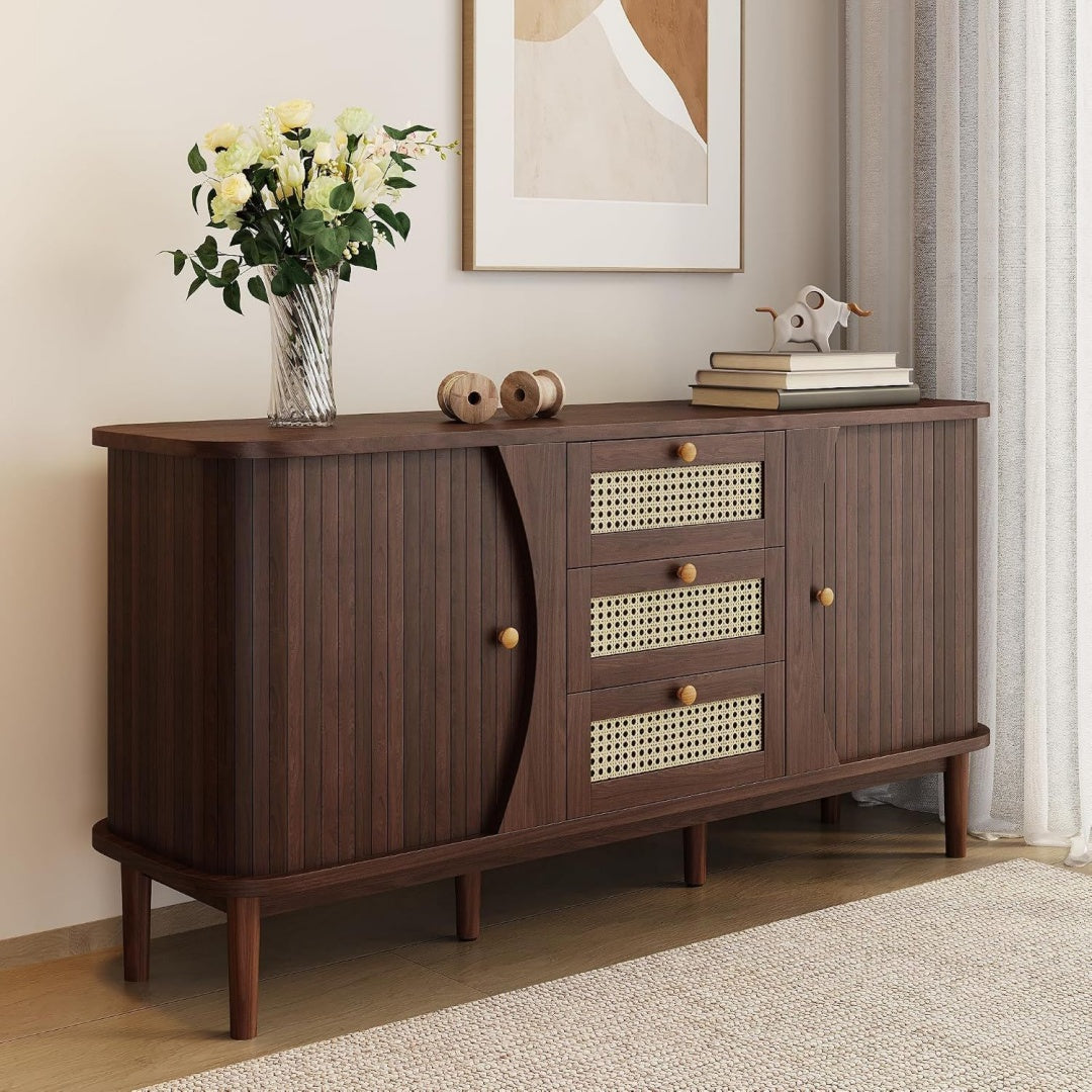 Buffet marron, contemporain, pour salle a manger, rangement malin