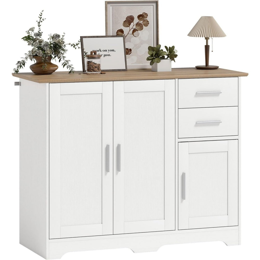Enfilade etageres reglables gris clair, a 3 portes 2 tiroirs style scandinave