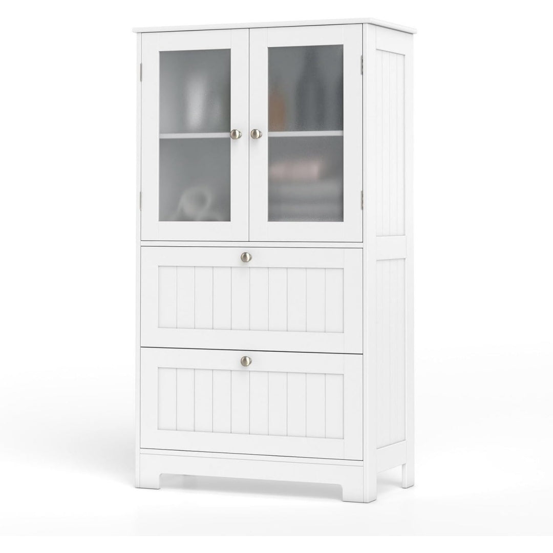 Meuble colonne gris clair a 2 portes 2 tiroirs avec etageres reglables