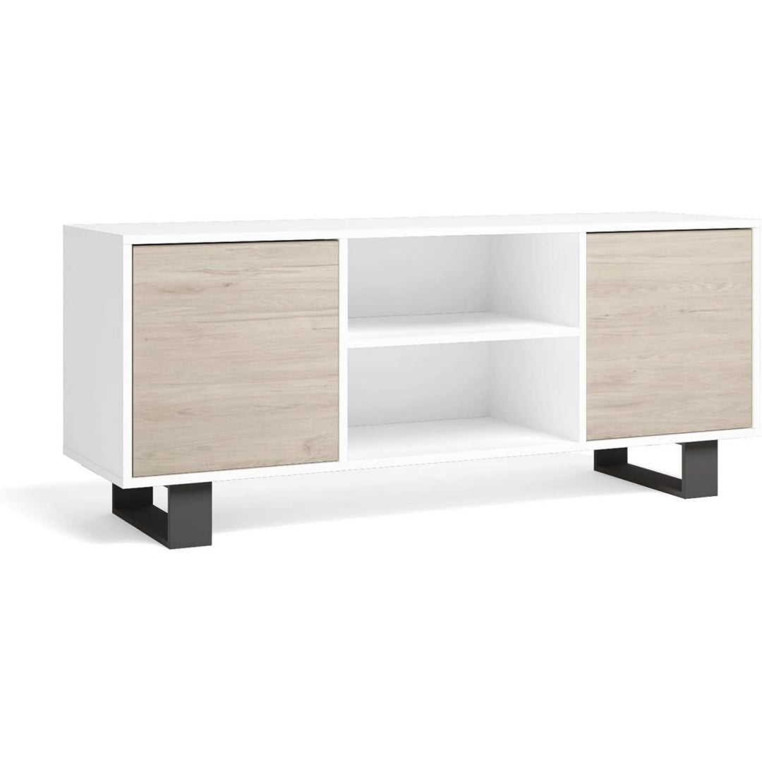 Meuble TV gris clair, deux portes, fabrication chene, finition soignee
