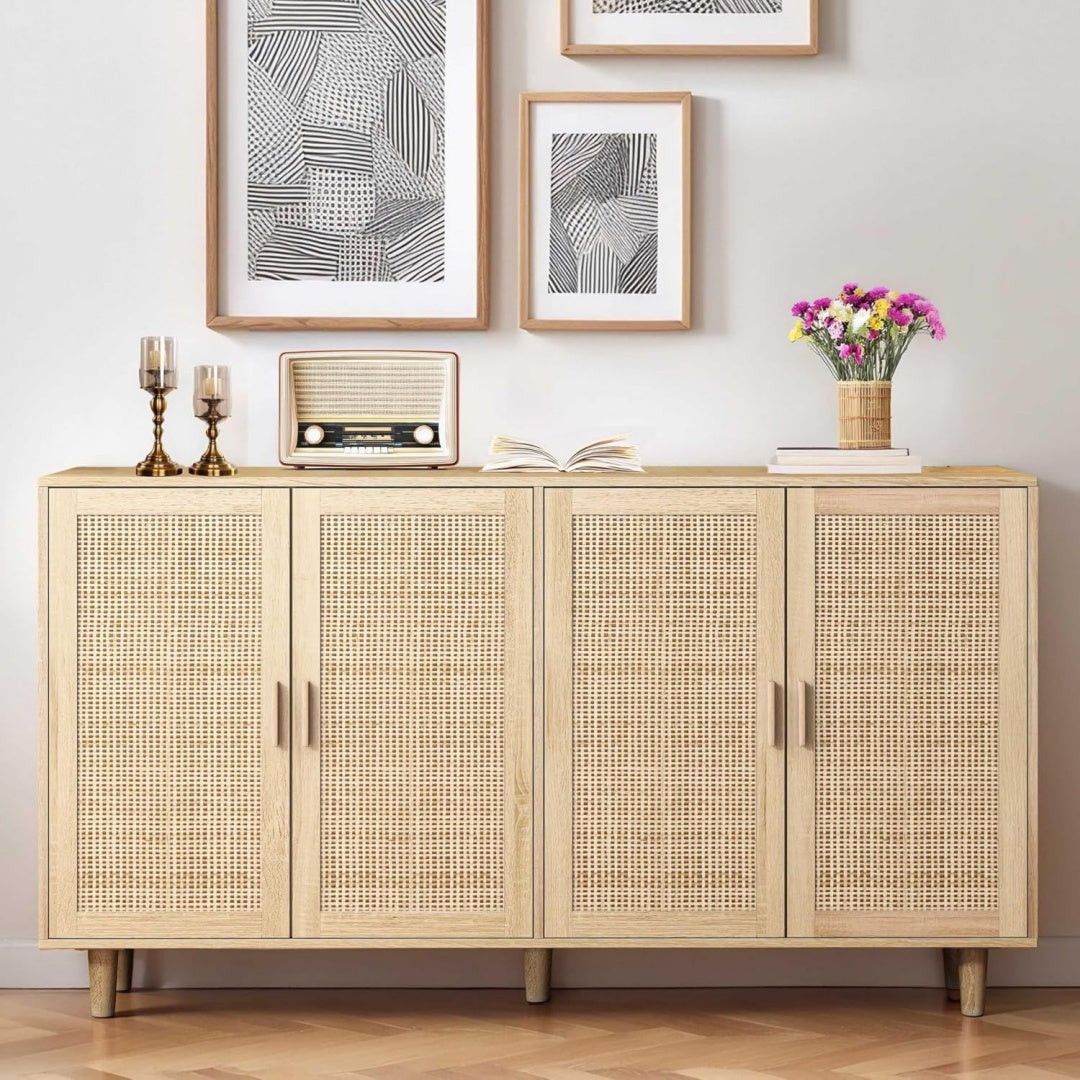 Buffet en bois massif et rotin