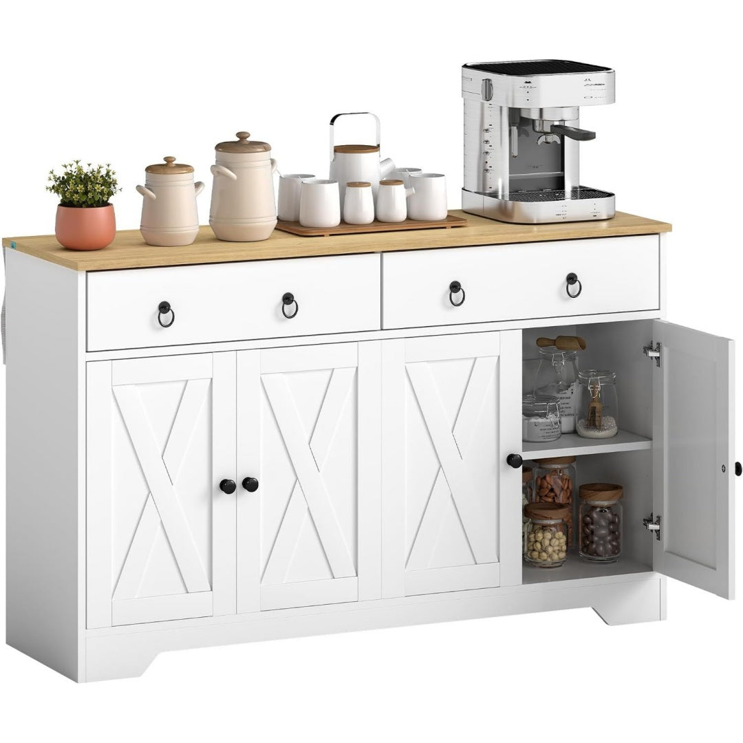 Buffet style industriel gris clair 2 etageres, bois ingenierie durable