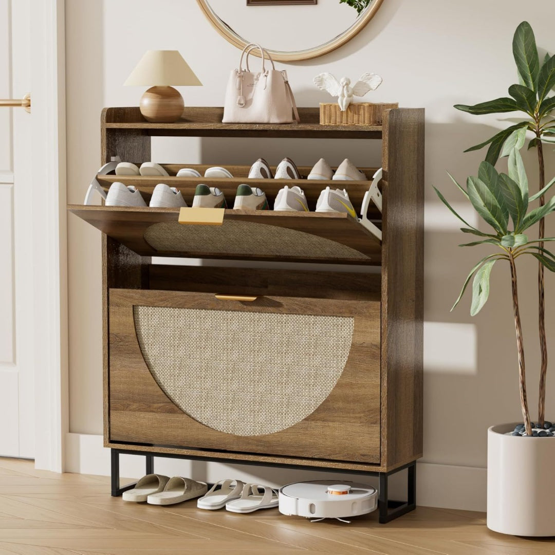 Armoire a chaussures creme a 2 portes 2 tiroirs, rangement compact