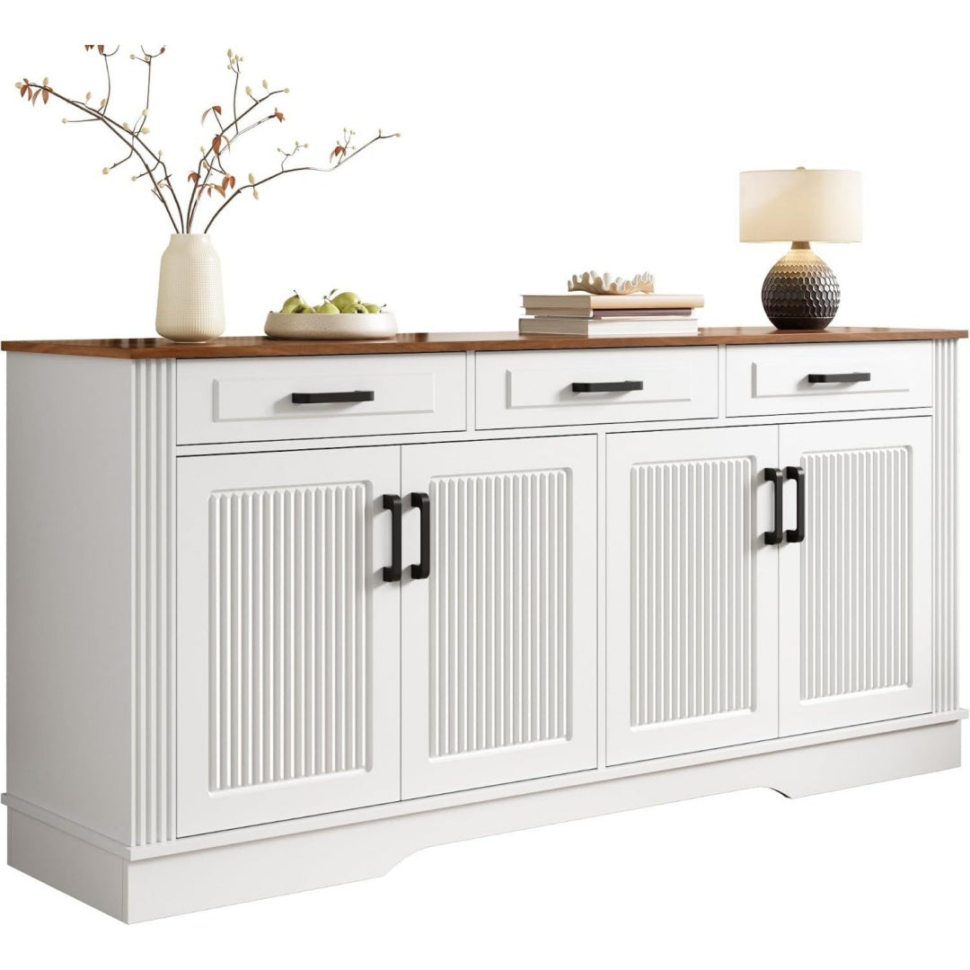 Buffet gris clair design moderne, quatre portes, trois tiroirs